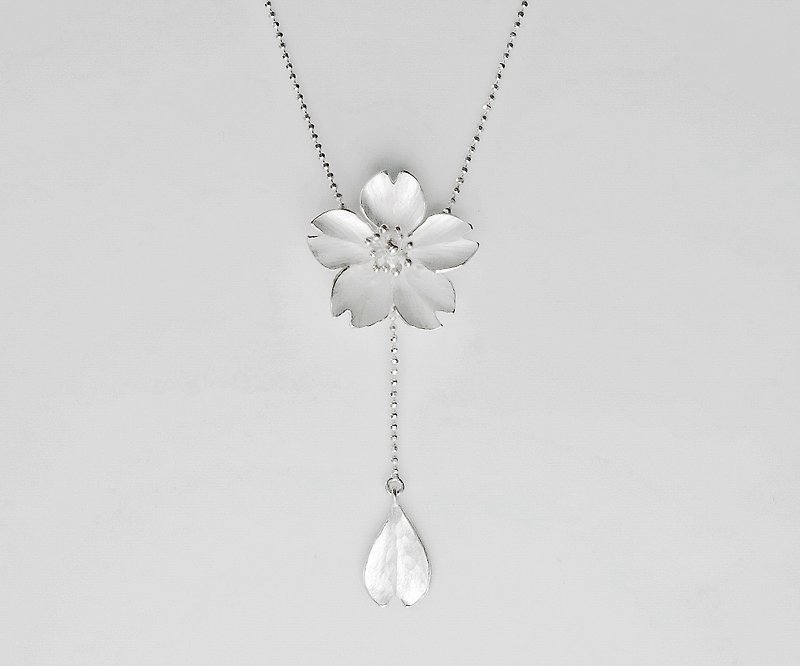 Season-Cherry Blossom-Sakura-Silver Y Necklace/ handmade - สร้อยคอ - เงินแท้ สีเงิน