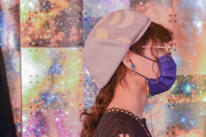 【月亮的旅行】手工印花貝蕾帽/貝雷帽/畫家帽 - 帽子 - 棉．麻 紫色