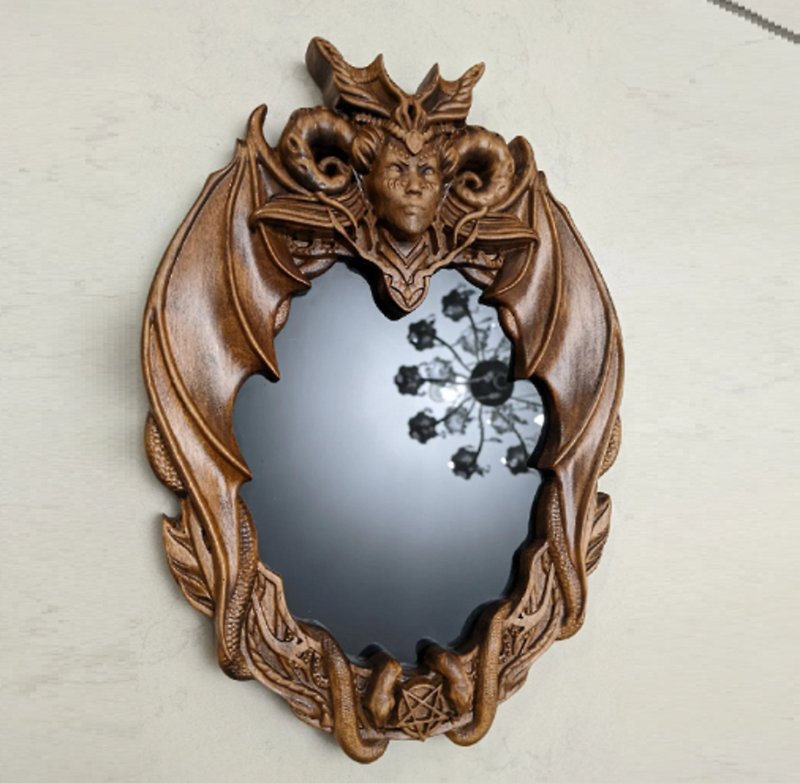 Wooden Wall Mirror, Irregular Black mirror, Home decor, Lilith Goddess - ตกแต่งผนัง - ไม้ สีนำ้ตาล