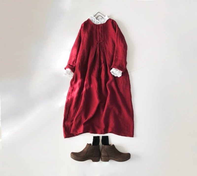 Belgian Linen, domestic production, Linen, twill weave, deep red, small ribbon dress , Linen dress - One Piece Dresses - Cotton & Hemp Red