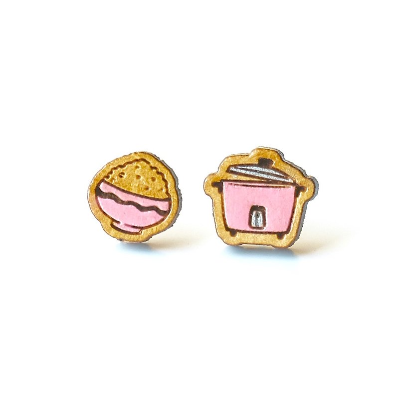 彩繪木耳環-電鍋&飯 (粉紅) - 耳環/耳夾 - 木頭 粉紅色