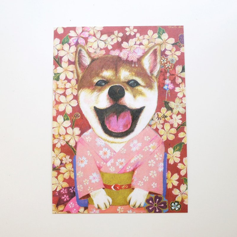 柴犬插畫明信片-櫻花紛飛 - 卡片/明信片 - 紙 紅色