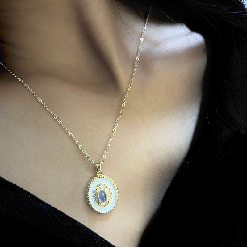 細緻奶油蕾絲花 14k 復古 項鍊 琺瑯 項鍊  小花 項鍊 海藍寶項鍊 - 項鍊 - 琺瑯 藍色