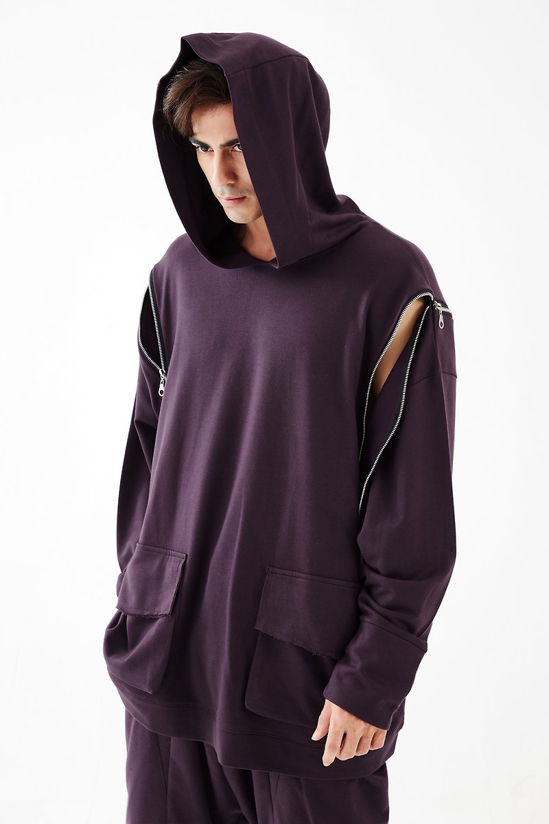 Men's Oversized Hoodie Zipper Detail Sweater in Purple - 男毛衣/針織衫 - 其他材質 紫色