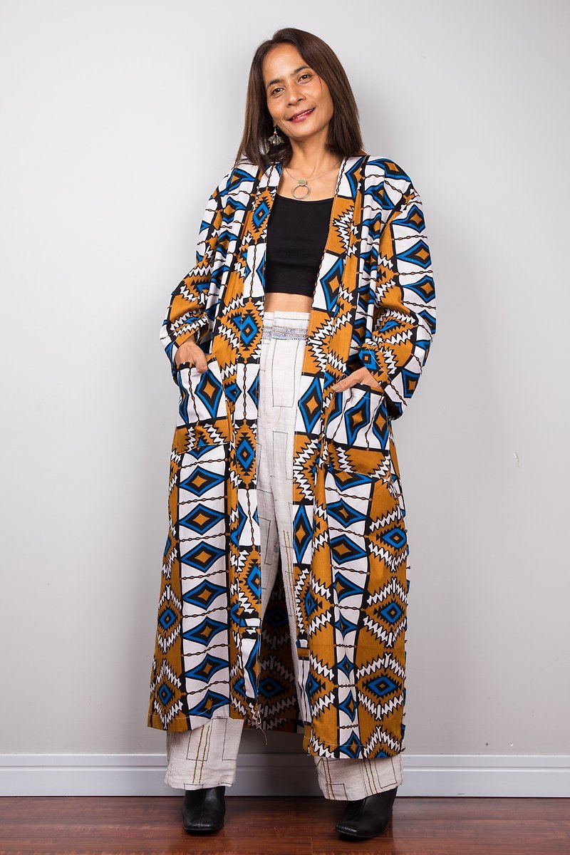 Ankara Long cardigan, african print with long sleeve and pockets, one of a kind - Women's Casual & Functional Jackets - Cotton & Hemp Khaki
