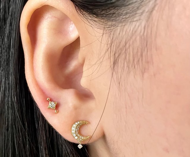 ムーンストーン 18K 天然ダイヤモンド 片耳ピアス 片耳用 ピアス