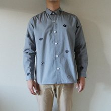 メンズ・ギンガムチェックシャツブルー 梅家紋 - ショップ akka