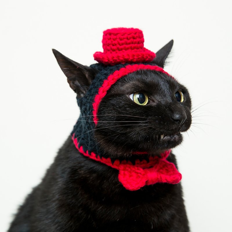 小暖男紳士頭套-黑底紅帽 聖誕禮盒 - 寵物衣服 - 聚酯纖維 紅色