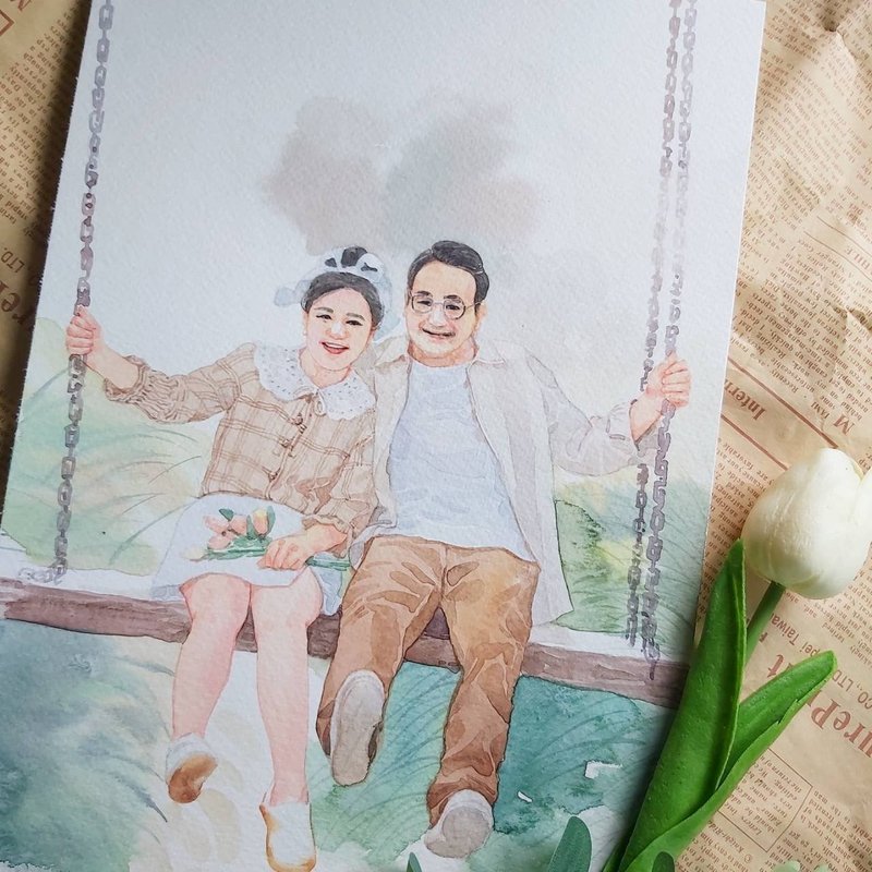 Simple wedding watercolor painting, couple painting on paper,customized portrait - 似顏繪/客製畫 - 紙 白色