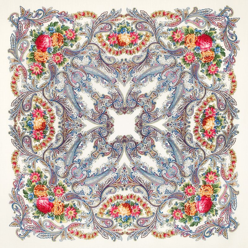 Pavlovo Posad Russian Shawl 100% Wool Scarf 125x125 cm Wrap Silk Fringe 1463-1 - 圍巾/披肩 - 羊毛 白色