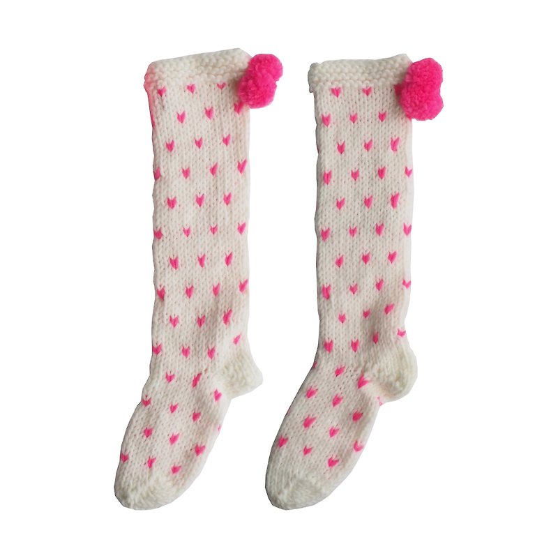英國PomPom超厚愛心圖案羊毛混紡手工編織襪子 - 其他 - 聚酯纖維 粉紅色