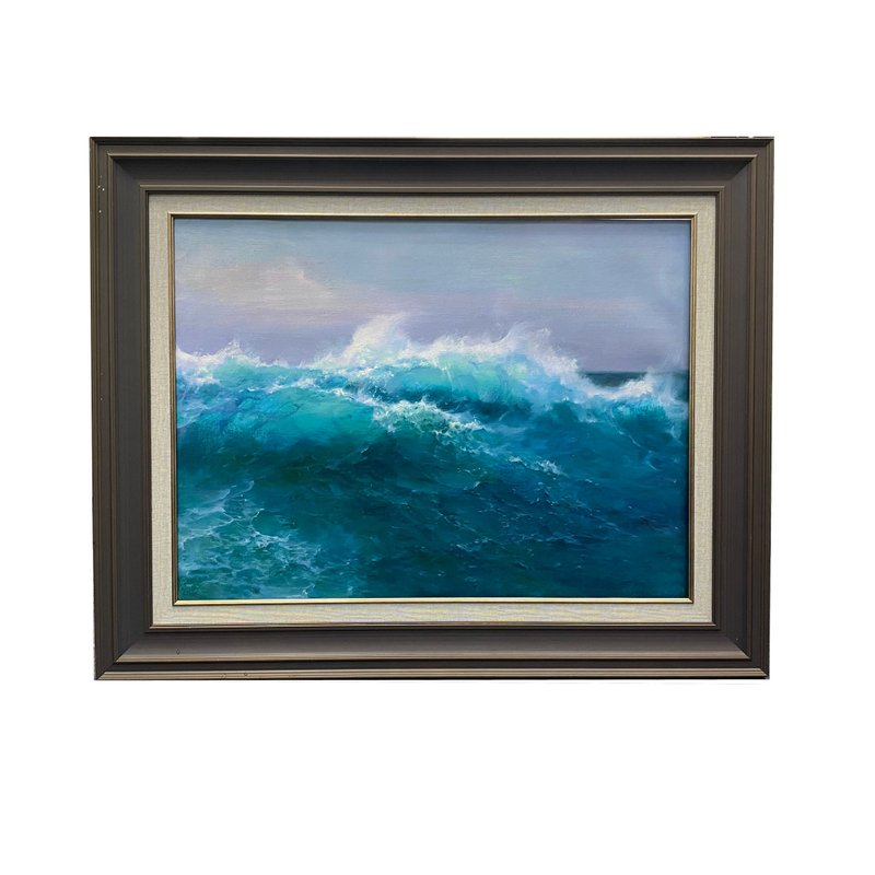 Original hand-painted oil painting of waves - โปสเตอร์ - ผ้าฝ้าย/ผ้าลินิน สีน้ำเงิน