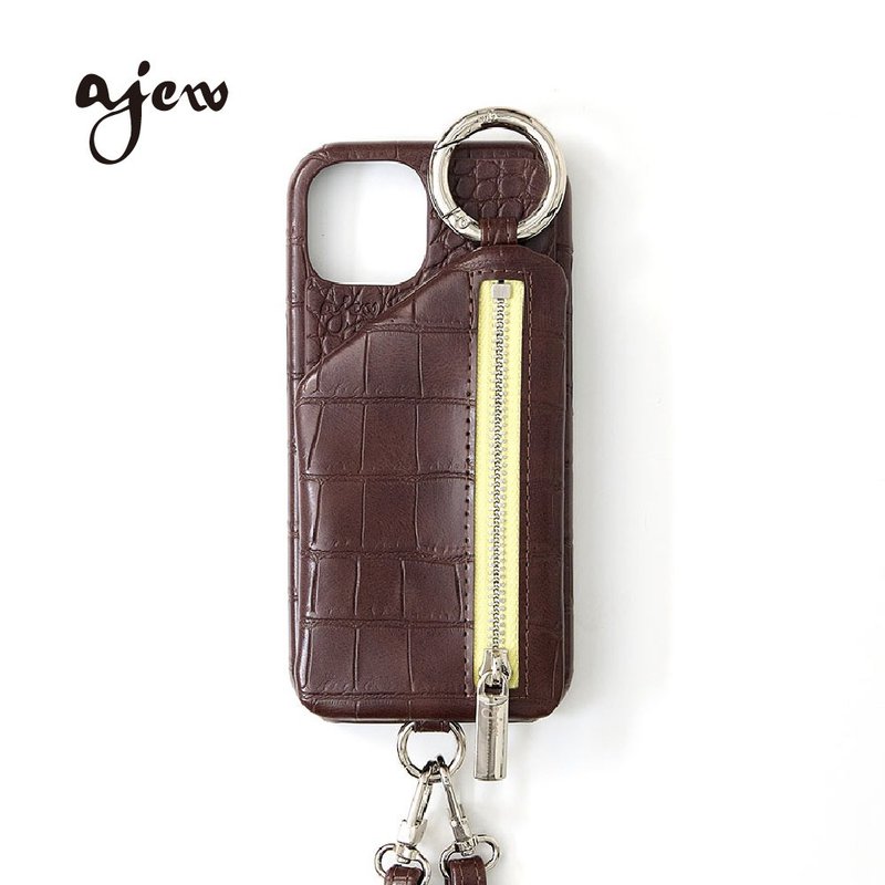 ajew croco 鱷魚壓紋拉鍊口袋手機殼 / espresso(含背帶) - 手機殼/手機套 - 人造皮革 咖啡色
