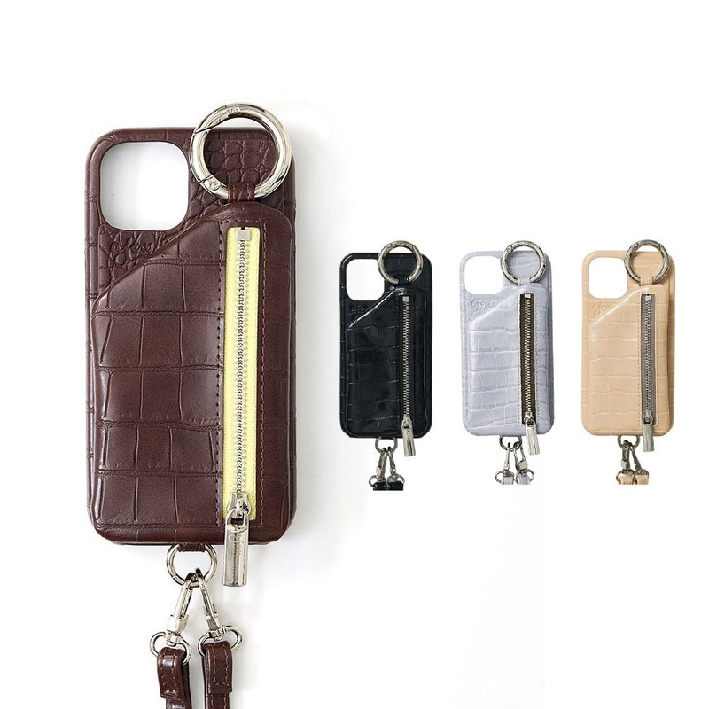 ajew croco 鱷魚壓紋拉鍊口袋手機殼(含背帶) - 手機殼/手機套 - 人造皮革 咖啡色