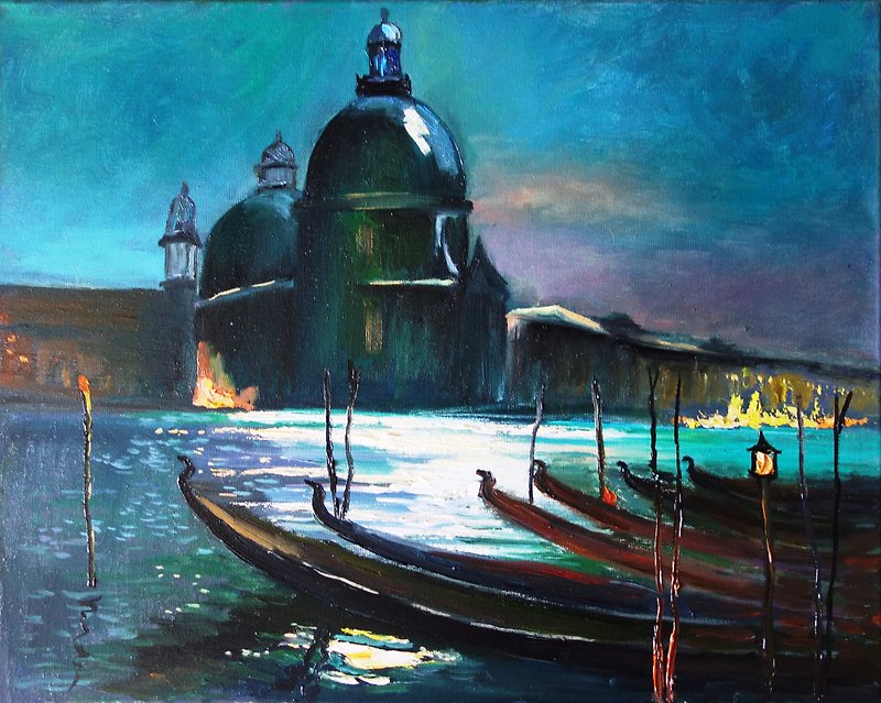威尼斯 油画 城市景观 原创艺术 意大利艺术品 帆布艺术 - 掛牆畫/海報 - 顏料 多色