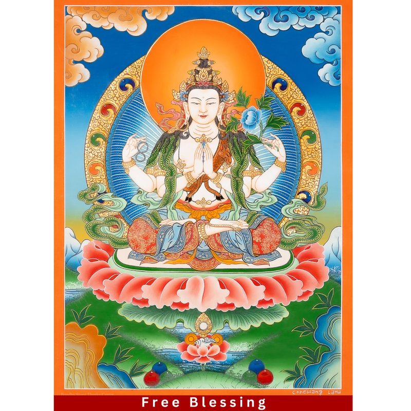 觀音菩薩唐卡 – 藏傳慈悲與憐憫的佛陀 - 壁貼/牆壁裝飾 - 其他材質 多色