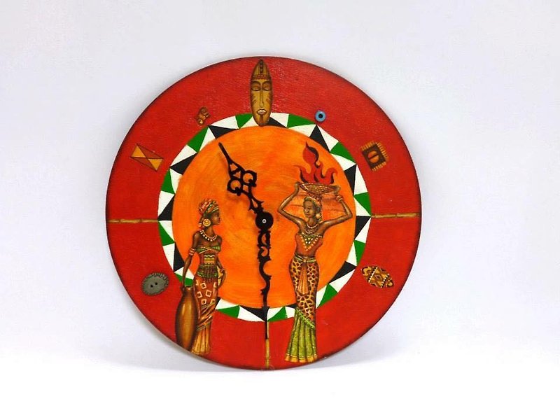 POPO│インカ民俗文化││の手描きのタイルクロック - 時計 - 木製 オレンジ