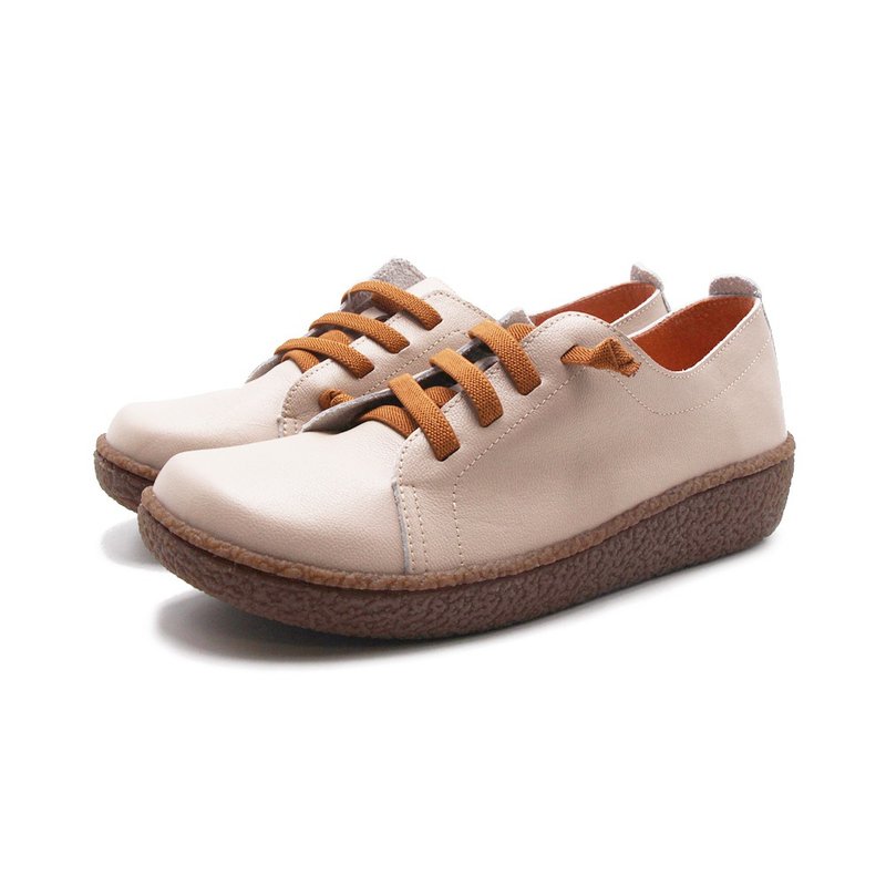 W&M Large Round Toe Japanese Style Lazy Casual Shoes for Women - White Bottom and Orange Line - รองเท้าลำลองผู้หญิง - หนังแท้ 