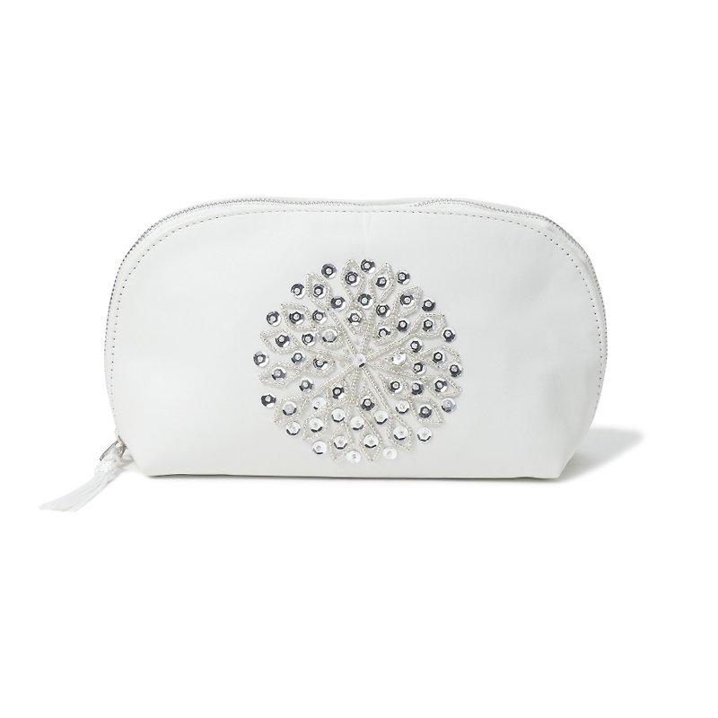 White cosmetic pouch moroccan Leather Sequined hand embroider Makeup bag (Large) - กระเป๋าเครื่องสำอาง - หนังแท้ ขาว