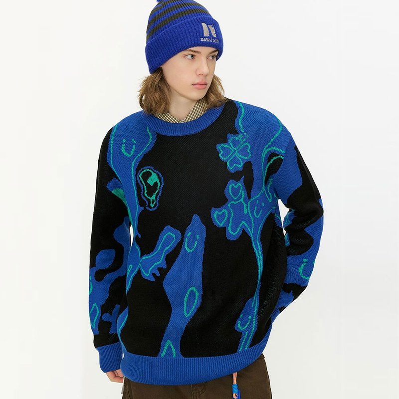 男士藍黑撞色幾何毛衣  冬季保暖提花針織衫 - 男毛衣/針織衫 - 棉．麻 藍色