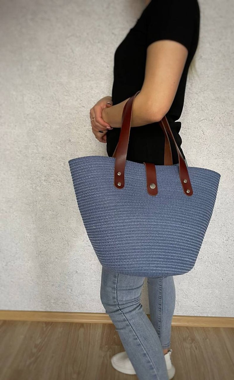 Sewn shoulder bag made from jute, tote bag - Handbags & Totes - Cotton & Hemp Blue