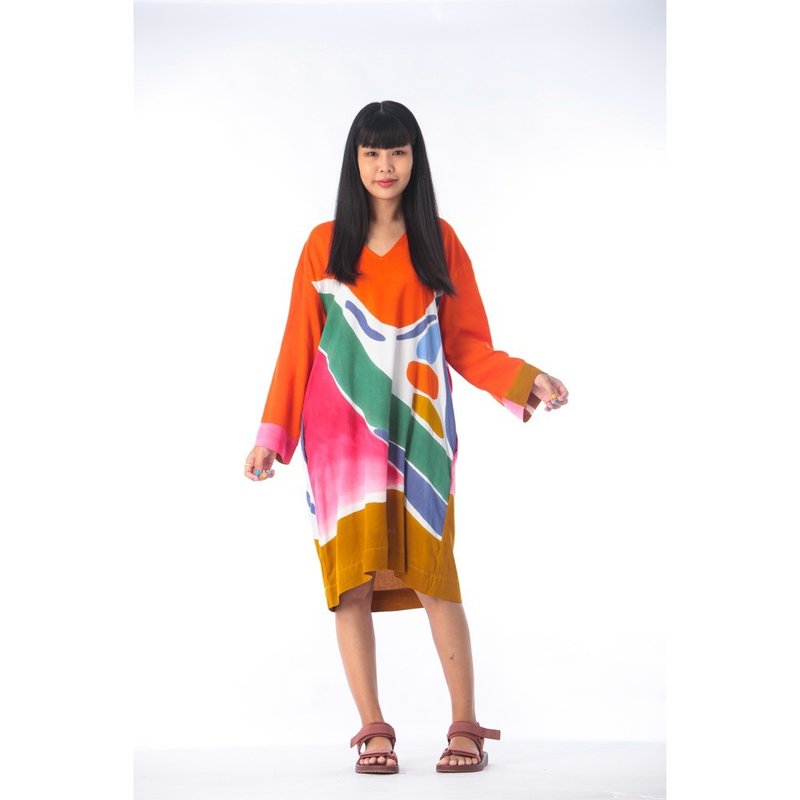 Short Dress Free Size Cotton Rayon Hand Paint - 洋裝/連身裙 - 棉．麻 橘色