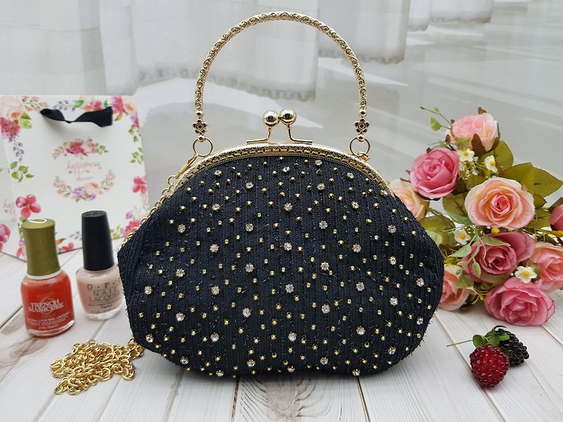 Starry Rhinestone Gold Bag Crossbody Bag Handbag Cosmetic Bag Birthday Mother's Day Gift - กระเป๋าถือ - ไฟเบอร์อื่นๆ สีดำ
