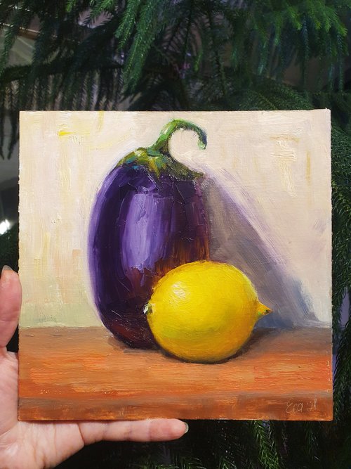 レモン絵画ナスオリジナルアート静物壁アート小さな絵画8×8
