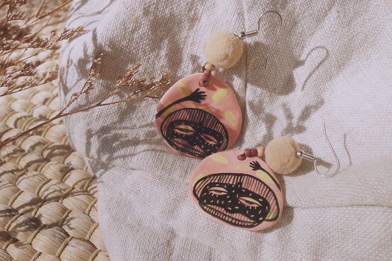 Handmade ceramic pink earring paint woman face :) - Earrings & Clip-ons - Pottery Pink