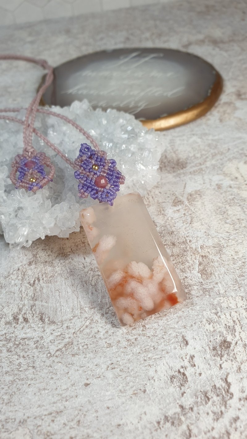 SA25凝玉。櫻花瑪瑙無事牌南美蠟線編織項鍊 - 項鍊 - 其他材質 粉紅色