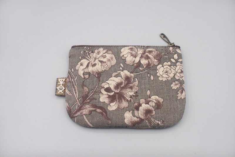 (レアリリース) Ping An Xiaole - シンプルなグレーの花柄、両面と 2 色の日本製リネン財布 - 財布 - コットン・麻 カーキ