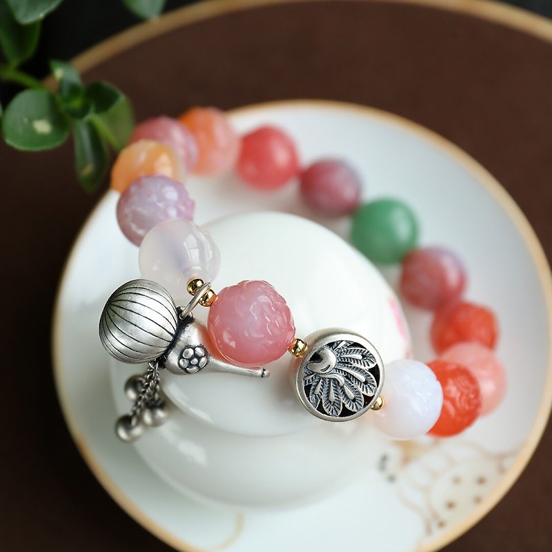 Need Yanyuan candy-colored natural agate bracelet carved flowers adorn pure Silver accessories to get started over the United States - Bracelets - Gemstone 