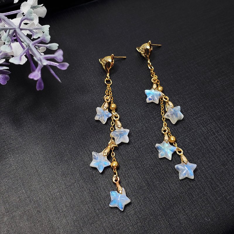 Lucky top blue halo moonstone eight-star annunciation tassel auspicious wealth lucky earrings single product - Earrings & Clip-ons - Gemstone Blue