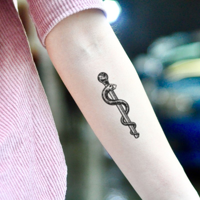 OhMyTat 阿斯克勒皮烏斯之杖 Asclepius 刺青圖案紋身貼紙 (2 張) - 紋身貼紙/刺青貼紙 - 紙 黑色