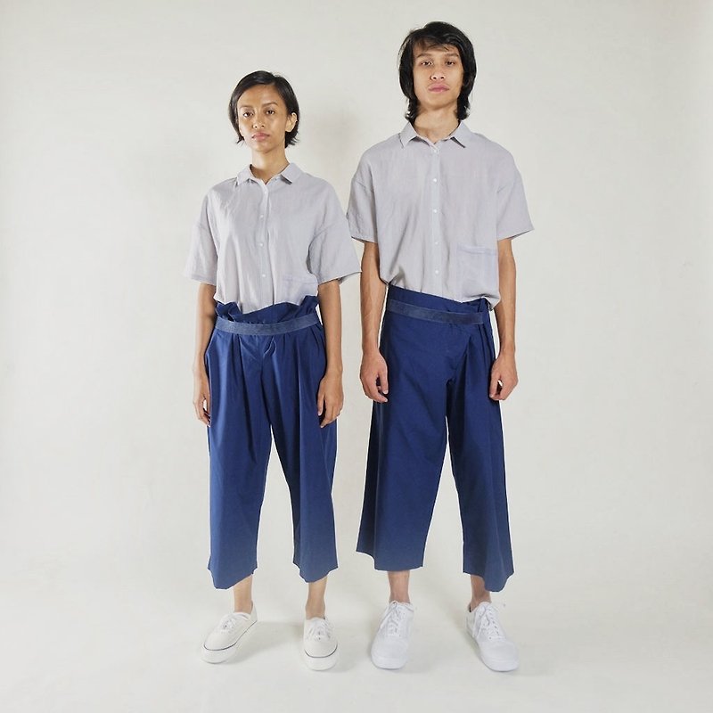 BANDED CULOTTES (DARK BLUE) - 男長褲/休閒褲 - 棉．麻 藍色