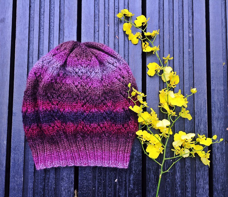 Hand made - red satin purple dye - Tricot warm - wool cap - หมวก - ขนแกะ สีม่วง