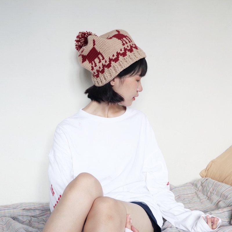 RedCheeks Wool Hat Cap | Yarn Hat | Reindeer Christmas - Red/Cream Brown Color - 帽子 - 其他材質 多色