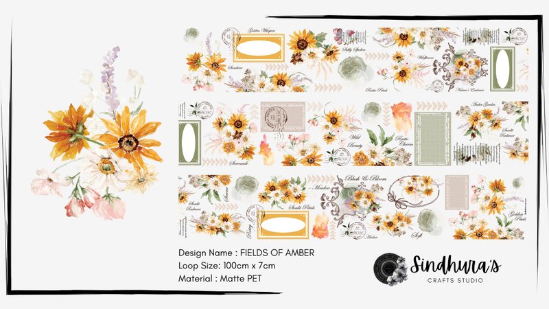 Fields of Amber เทป PET ลายดอกไม้ โทนอุ่น สำหรับสมุดบันทึก - สติกเกอร์ - พลาสติก สีทอง