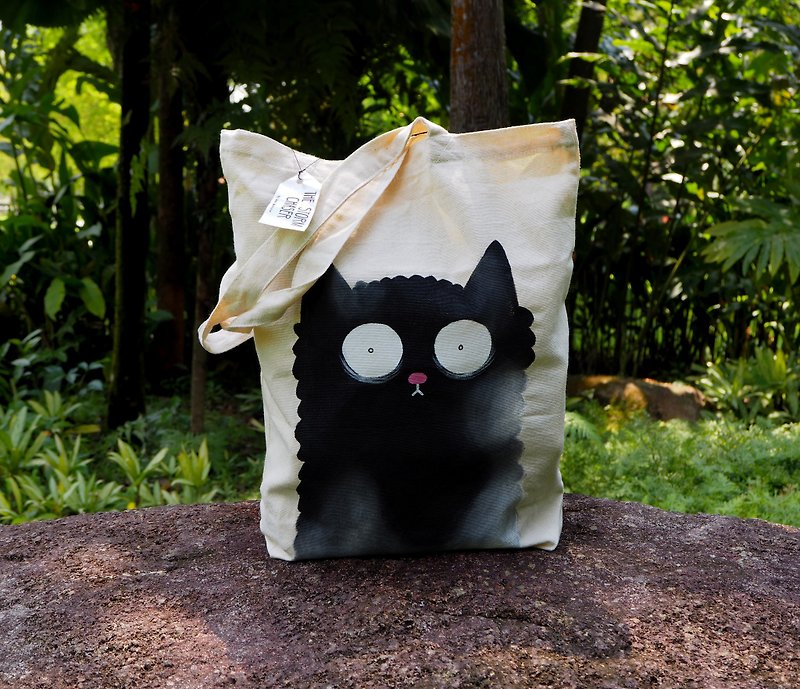 Smokey Black Cat Canvas Totebag - กระเป๋าถือ - ผ้าฝ้าย/ผ้าลินิน สีดำ