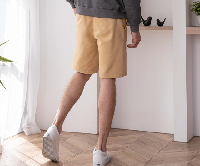 カーキ　リブ編み ショートパンツ メンズカーキショートパンツ | ストレート、スリム、クラシック