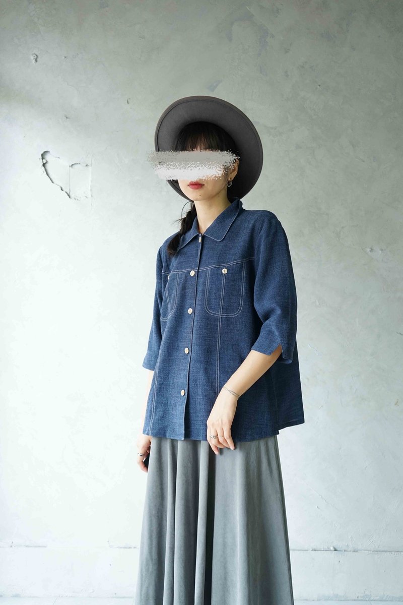 尋寶古著-牛仔藍白明線七分袖襯衫 - 女襯衫 - 聚酯纖維 藍色