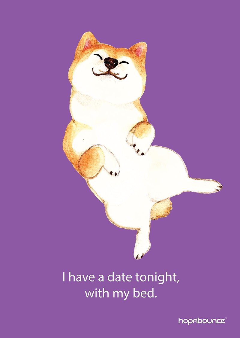 Shiba Inu Kelly-I have a date tonight, with my bed. A4 Art Print/Dog Watercolour - โปสเตอร์ - กระดาษ สีม่วง