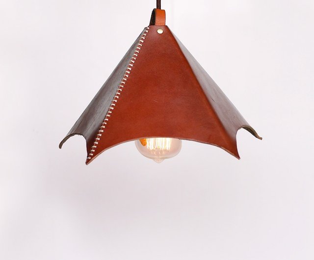 Hand Stitched Japanese Vegetable Tanned Cowhide Texture Hanging Lamp Shade Chandelier Large Made By Handiin Suolo Lighting I Hand Stitched Japanese Vegetable Tanned, Brown Chandelier Lamp Shades