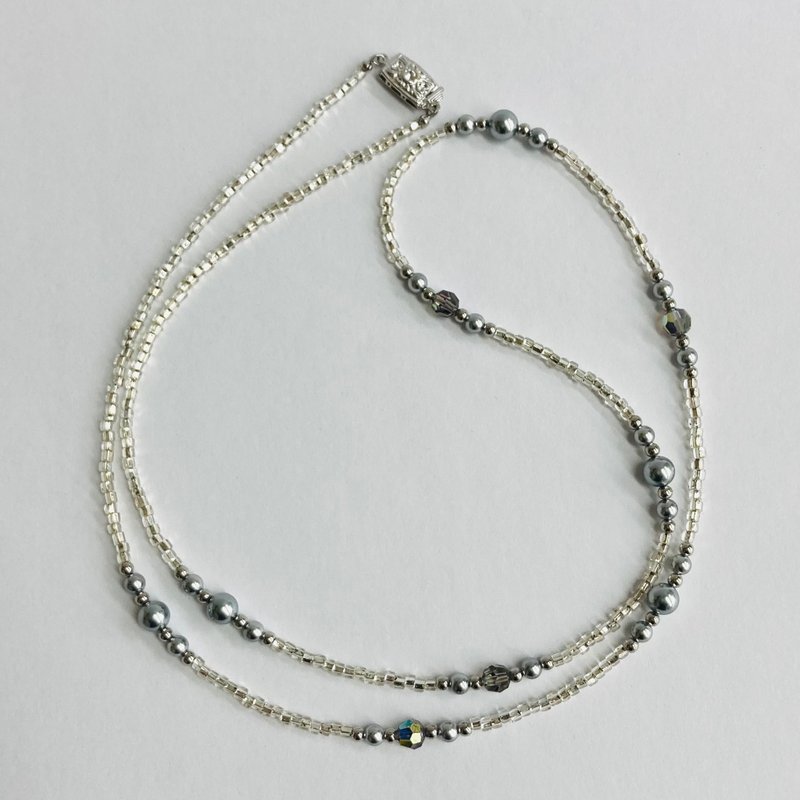 Vintage mixed bead opera necklace/approx. 80cm/gray/R/made in Japan - สร้อยคอ - แก้ว สีเทา