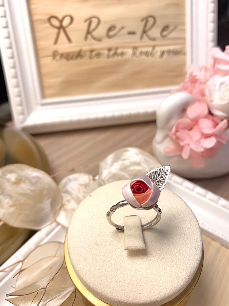 【Re-Re】 Silk Flora - Rose Leaves Ring (adjustable ring) - General Rings - Silk Pink