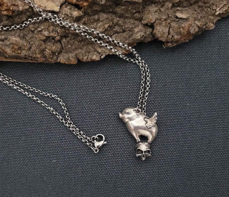 [Pig Skull Sterling Silver Necklace] Spread your wings and fly no.3 - Necklaces - Sterling Silver Silver