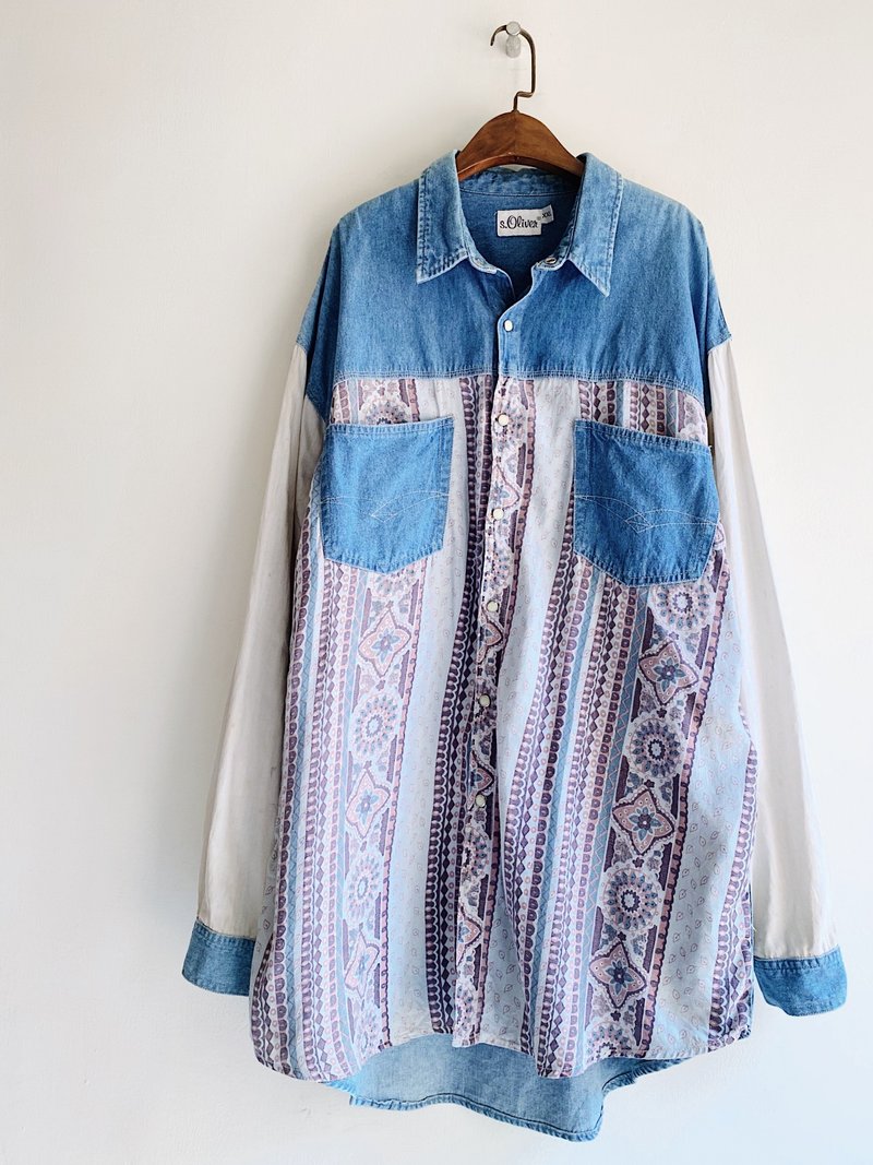 淺藍米黃圖騰拼布手札 古著翻領棉質牛仔襯衫上衣 vintage Shirt - 男襯衫/休閒襯衫 - 棉．麻 藍色