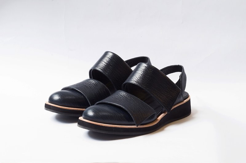 ZOODY / Links / handmade shoes / Men / Hollow back with platform sandals / dark blue black - รองเท้ารัดส้น - หนังแท้ สีดำ