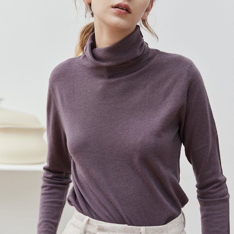 Purple-gray 7-color high-neck slim pile-up collar inner shirt Merino wool slimming sweater knitwear skin-friendly - สเวตเตอร์ผู้หญิง - ขนแกะ สีม่วง