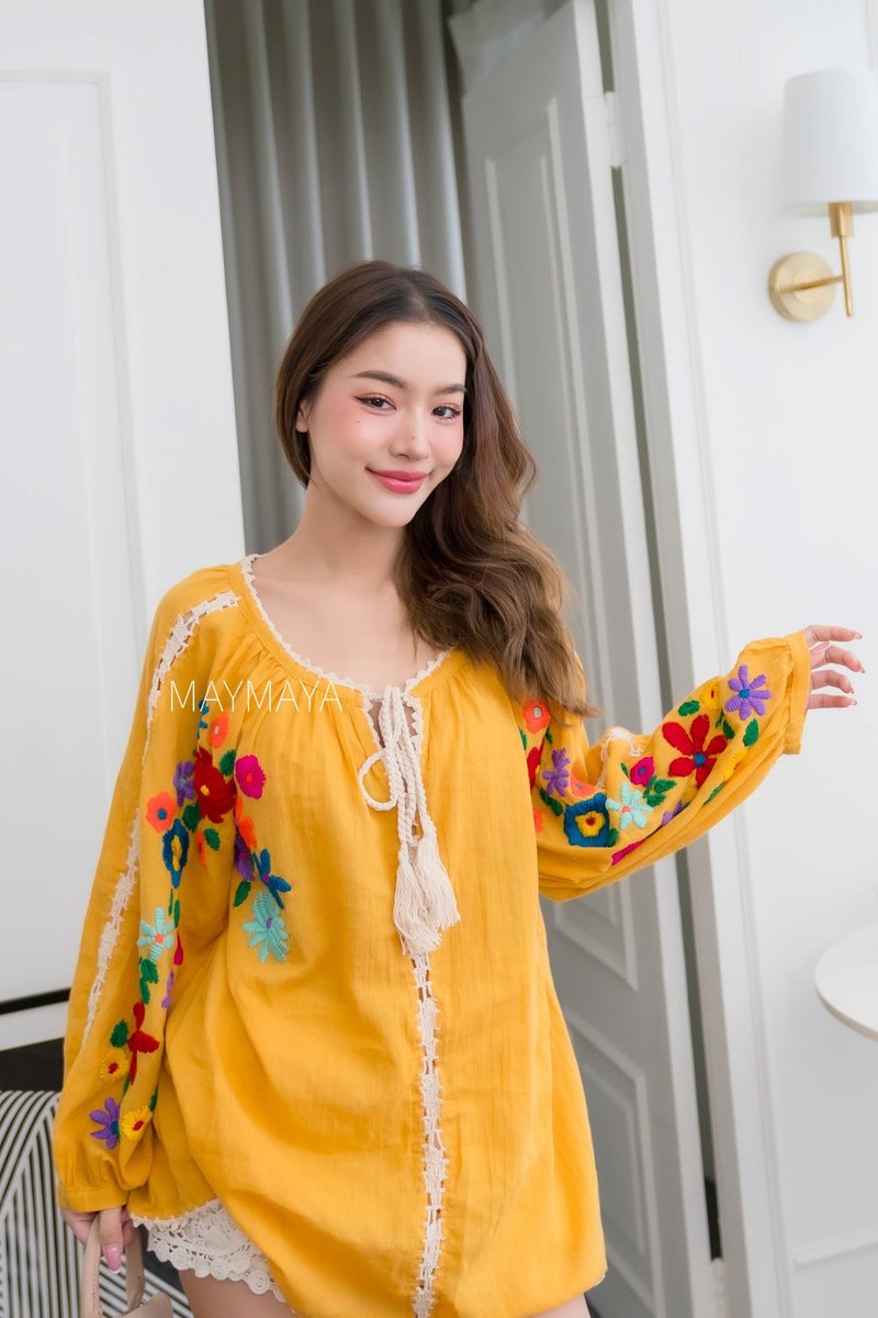 LONG SLEEVES COTTON HANDMADE EMBROIDERED BLOUSE, HOLIDAY BLOUSE, SUMMER TOPS - 女裝上衣 - 棉．麻 橘色